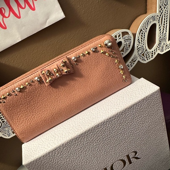 Miu Miu Pink Leather Studded Bow Crystal Embellished Zip Around Wallet - Picture 15 of 15